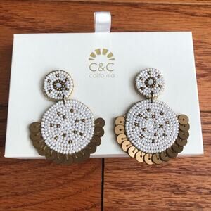 C&C California Glass Beads White Tan Dangling Festival Bohemian Earrings NWT